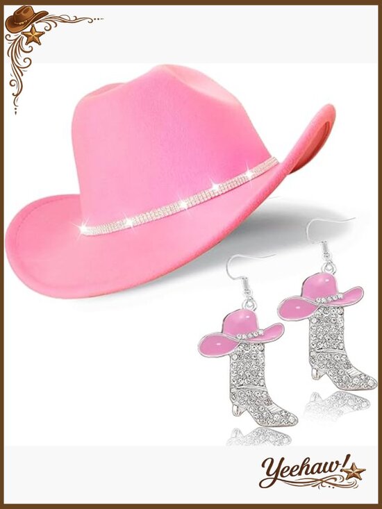 Rhinestone Cowgirl Hat with Boot Earrings Set, Adjustable Felt Fedora, Size M main image 5